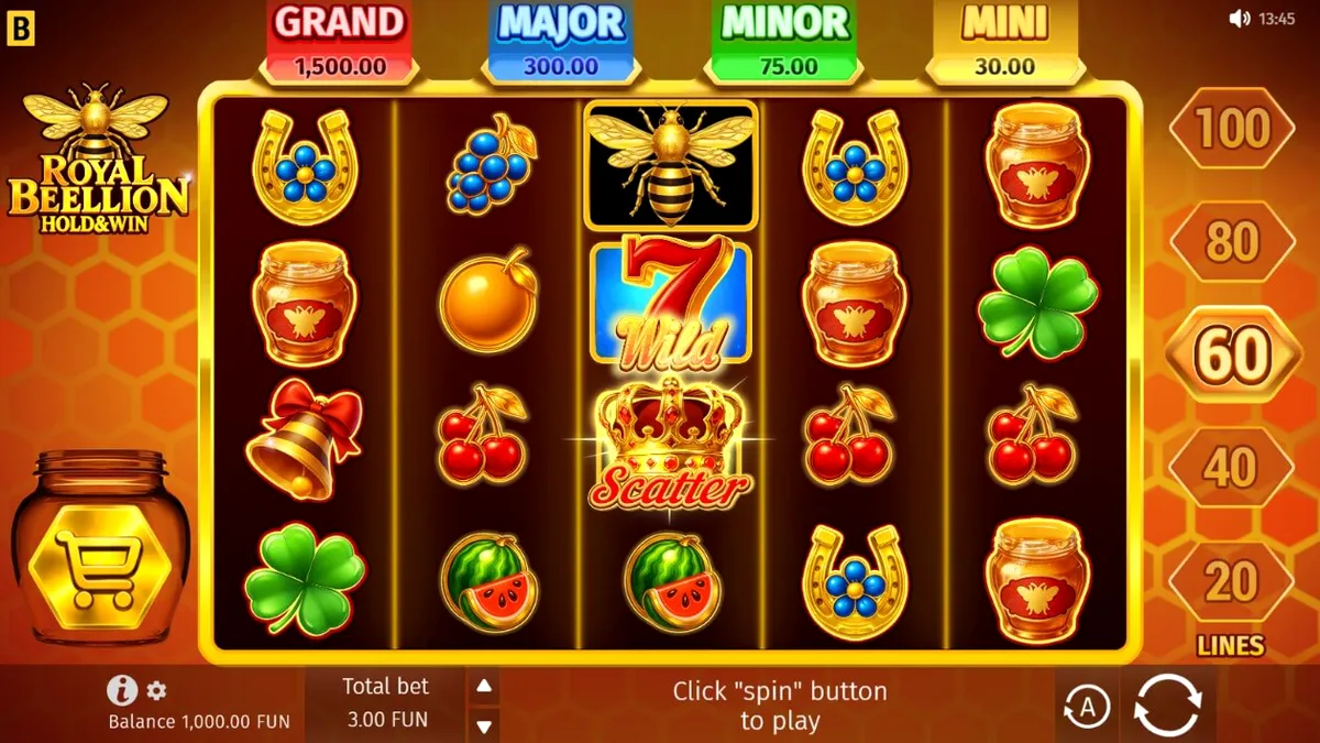 Interface dourada e luxuosa do jogo Royal Beellion Hold & Win com elementos de colmeia
