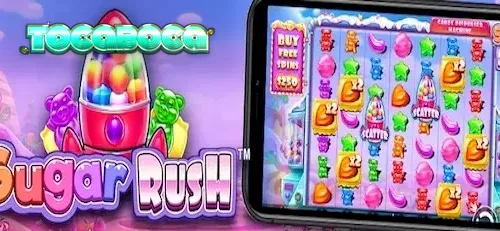 Interface colorida e vibrante do slot Sugar Rush com grade 7x7